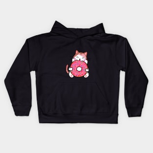 Funny Cat Eating a Donut, Kawaii Cat with Pink Donut Kids Hoodie